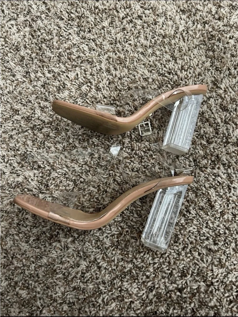 Clear Strap Block Heel Sandals in Nude